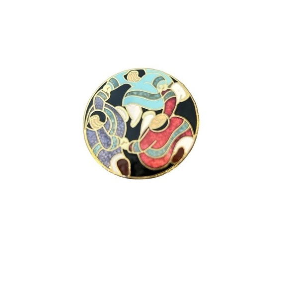 Vintage Signed Artique Barbara Lavallee Cloisonné Dancing Ladies Alaskan Brooch - Picture 3 of 5